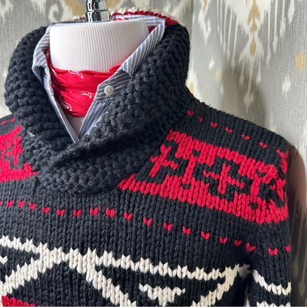 Polo Ralph Lauren Southwestern Aztec Hand-Knit Black Wool Shawl Collar Sweater - Picture 1 of 16